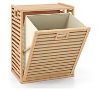 COSTWAY Panier à linge pliable de 68 L, Collecteur de linge en bambou avec bac en tissu amovible & étagère supérieure