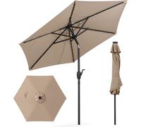 COSTWAY Parasol 230cm Parasol de jardin avec éclairage solaire LED, manivelle & 6 baleines, pliable des deux côtés à 35° Parasol de terrasse Marron clair