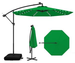 COSTWAY Parasol 300 cm avec pied et éclairage LED, parasol déporté avec manivelle, parasol de jardin, protection UV, parasol de marché, parasol de terrasse vert