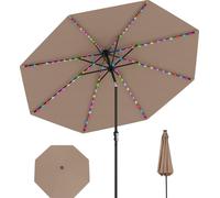 COSTWAY Parasol 300cm avec éclairage solaire LED, 9 modes & manivelle, parasol de jardin pliable des deux côtés à 35°, parasol de terrasse, parasol de marché Marron
