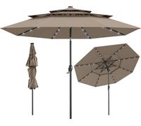 COSTWAY Parasol 300cm avec éclairage solaire LED & manivelle, parasol de jardin pliable à 35°, parasol de terrasse, parasol de marché, brun