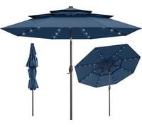 COSTWAY Parasol 300cm avec éclairage solaire LED & manivelle, parasol de jardin pliable à 35°, parasol de terrasse, parasol de marché, bleu marine