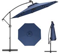 COSTWAY Parasol φ300cm, Parasol ampli avec 32 LEDs solaires & manivelle, angle d'inclinaison réglable, Parasol de marché Parasol de terrasse Marine