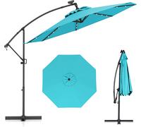 COSTWAY Parasol φ300cm, Parasol ampli avec 32 LEDs solaires & manivelle, angle d'inclinaison réglable, Parasol de marché Parasol de terrasse Turquoise