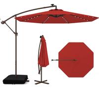 COSTWAY Parasol ampli avec sacs de sable, Ø300cm Parasol avec 40 LEDs solaires et manivelle, Parasol de jardin protection UV rouge