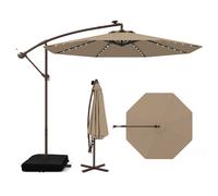 COSTWAY Parasol ampli avec sacs de sable, Ø300cm Parasol avec 40 LEDs solaires et manivelle, Parasol de jardin protection UV Marron