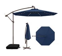 COSTWAY Parasol ampli avec sacs de sable, Ø300cm Parasol avec 40 LEDs solaires et manivelle, Parasol de jardin protection UV bleu