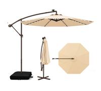 COSTWAY Parasol ampli avec sacs de sable, Ø300cm Parasol avec 40 LEDs solaires et manivelle, Parasol de jardin protection UV Beige