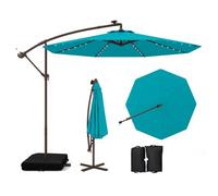 CostwayParasol Déporté de 3 m avec 32 Lumières LED Panneau Solaire Batterie Sac de Sable Auvent Imperméable Parasol pour Jardin Piscine Patio Vert