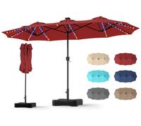 COSTWAY Parasol double 370x200 cm avec pied, parasol de jardin avec éclairage solaire LED, 12 modes d'éclairage, 2 options de charge et manivelle, couleur rouge