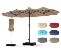 COSTWAY Parasol double 370x200 cm avec pied, parasol de jardin avec éclairage solaire LED, 12 modes d'éclairage, 2 options de charge et manivelle, couleur marron