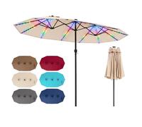 COSTWAY, parasol double, 440x260 cm, parasol de terrasse avec manivelle, éclairage solaire LED, 12 modes d'éclairage et 2 options de charge, parasol de jardin, parasol de marché, couleur beige