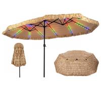 COSTWAY, parasol double avec éclairage LED solaire, 450x260 cm, parasol en paille de PE style hawaïen, avec 12 modes d'éclairage, 2 options de charge et manivelle. Parasol de jardin, parasol de terras