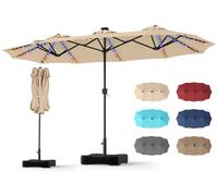 COSTWAY, parasol double avec pied, 440x260 cm, parasol de terrasse avec manivelle, éclairage LED, 12 modes d'éclairage et 2 options de charge, parasol de jardin, parasol de marché