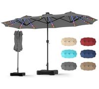 COSTWAY, parasol double avec pied, 440x260 cm, parasol de terrasse avec manivelle, éclairage LED, 12 modes d'éclairage et 2 options de charge, parasol de jardin, parasol de marché