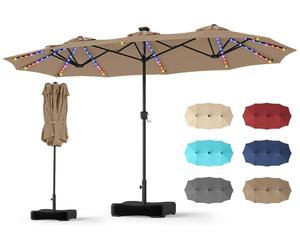 COSTWAY, parasol double avec pied, 440x260 cm, parasol de terrasse avec manivelle, éclairage LED, 12 modes d'éclairage et 2 options de charge, parasol de jardin, parasol de marché
