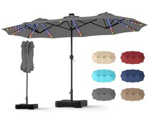 COSTWAY, parasol double avec pied, 440x260 cm, parasol de terrasse avec manivelle, éclairage LED, 12 modes d'éclairage et 2 options de charge, parasol de jardin, parasol de marché