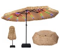 COSTWAY, parasol double avec pied et éclairage LED solaire, 450x260 cm, parasol en paille de PE style hawaïen avec 12 modes d'éclairage, 2 options de charge et manivelle, parasol de jardin