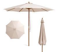 COSTWAY Parasol Droit Inclinable Ø2,7m, H203 à 206,5 cm Réglable, Parasol de Jardin Exterieur en Polyester, 8 Baleines en Bois, Cordon de Serrage, pour Jardin Cour Café, Beige