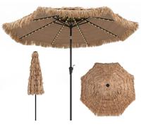 COSTWAY, parasol hawaïen en paille de PP, 300 cm, parasol de jardin inclinable, parasol en paille de PP avec LED, 12 modes d'éclairage et manivelle, parasol de plage, parasol de terrasse
