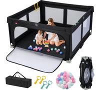 COSTWAY Parc bébé 150 x 150 cm pliable, parc avec 50 balles, 4 poignées, porte zippée, filet respirant&sac de transport Barrière de marche, noir
