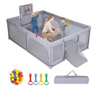 COSTWAY Parc pour bébé 207x145cm, parc avec filet, sac de transport, panier de basket, filets de football, 50 balles de jeu & poignées, parc d'éveil, gris clair
