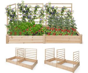 COSTWAY Parterre surélevé avec 2 jardinières et 3 supports pour plantes grimpantes, Set de jardinières en bois d'extérieur 222x114x110cm