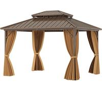 COSTWAY Pavillon 3,5 x 3m, Pavillon de jardin Tente de réception avec filet, rideau & double toit robuste en métal galvanisé, Abri solaire fixe Marron