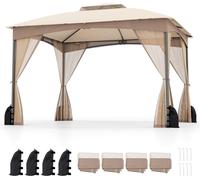 COSTWAY Pavillon 3x3,6m, pavillon de jardin avec 4 sacs de sable, 4 moustiquaires, double toit & sac de transport, tente de réception étanche, stable, résistante à l'hiver Kaki