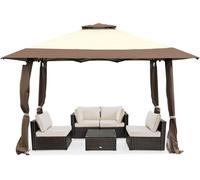 COSTWAY Pavillon 4x4m, Pop up Pavillon pliable avec double toit, sac de transport & roulettes, pavillon de jardin Tente de réception étanche, stable, protection UV 50+ Marron