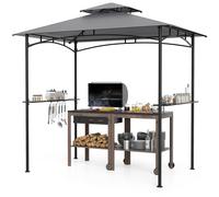 COSTWAY Pavillon de barbecue 242x150cm, Pavillon de jardin avec double toit & 2 étagères latérales & 6 crochets, Pavillon BBQ, Abris pour grillades