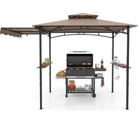 COSTWAY Pavillon de barbecue avec store latéral, double toit, 2 étagères latérales & crochets, Pavillon de jardin Abris pour barbecue résistant aux intempéries 318x153x250cm Marron