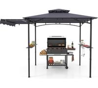 COSTWAY Pavillon de barbecue avec store latéral, double toit, 2 étagères latérales & crochets, pavillon de jardin Abris pour barbecue résistant aux intempéries 318x153x250cm Gris foncé