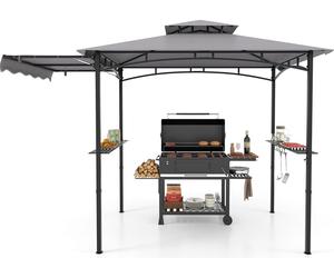 COSTWAY Pavillon de barbecue résistant aux intempéries, abris pour barbecue avec store latéral, double toit, étagères latérales, crochet & ouvre-bouteille 318x153x250cm