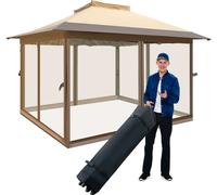 COSTWAY Pavillon pliable 3,6x3,6m avec moustiquaire, double toit et sac de transport, pavillon sur roulettes, étanche, protection UV 50