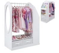 COSTWAY Penderie Enfant avec Miroir en Acrylique et Bibliothèque, Blanc | Portant à Vêtements, Tringle en Pin et 4 Tiroirs en Tissu, Placard Latéral, Kit Anti-basculement, Armoire Montessori