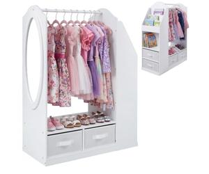 COSTWAY Penderie Enfant avec Miroir en Acrylique et Bibliothèque, Blanc | Portant à Vêtements, Tringle en Pin et 4 Tiroirs en Tissu, Placard Latéral, Kit Anti-basculement, Armoire Montessori