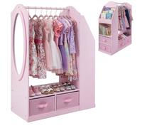 COSTWAY Penderie Enfant avec Miroir en Acrylique et Bibliothèque, Rose | Portant à Vêtements, Tringle en Pin et 4 Tiroirs en Tissu, Placard Latéral, Kit Anti-basculement, Armoire Montessori