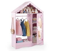 COSTWAY Penderie Enfant en Forme Maison avec Miroir en Acrylique et Tringle, Portant à Vêtements Enfant avec 4 Étagères et 3 Crochets, Armoire Montessori, 85,5x30x121 cm (Rose)