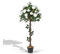 COSTWAY Plante Artificielle de 120 cm en Pot, Fausse Rosier à Fleurs avec Pot de Pépinière Roses Blanches, Arbre à Fleurs Artificiel Décoration Moderne pour Salon Balcon Bureau