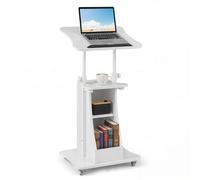 COSTWAY Podium Pupitre Réglable en Hauteur, Bureau de Table pour Ordinateur Portable, Plateau Inclinable, Étagère & Compartiments, Bureau Debout à roulettes pour École, Conférence (Blanc)