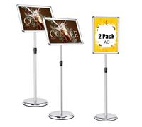 COSTWAY Porte Affiche sur Pied A3 Lot de 2, Présentoir sur Pied 360 Degrés, Hauteur Réglable 89.5-134 cm, Cadre en Alliage d'Alu, Tube en Acier INOX, Support Affichage A3 (Argent x 2,A3)