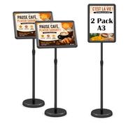 COSTWAY Porte Affiche sur Pied A3 Lot de 2, Présentoir sur Pied Noir | Rotation 360°, Hauteur Réglable, Poteau en Acier Inox, Base Lestée Remplissable, Support Panneau pour Vitrine, Événement