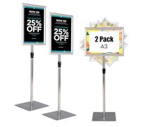 COSTWAY Porte Affiche sur Pied A3 Lot de 2, Présentoir sur Pied Rotation 360 Degrés, Hauteur Réglable 78,5-123 cm, Cadre en Alliage d'Alu, Tube en Acier INOX, Support Affichage A3 (Argent x 2, A3)