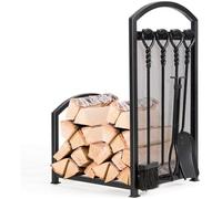COSTWAY Porte-bûche de Cheminée en Fer avec 4PCS Serviteurs de Cheminée Pince Brosse Pelle Tisonnier Accroché sur Panneau en Maille