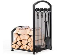 COSTWAY Porte-bûche en Acier avec 4PCS Serviteurs, Range-bûche avec Pince Brosse Pelle Tisonnier Accroché sur Panneau en Maille Fer, Rack à bûches pour Poêle, Brasero, Foyer(Maille avec 4 Ustensiles)