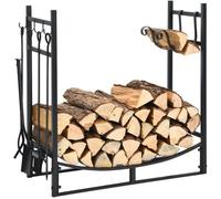 COSTWAY Porte-bûche en Fer avec 4PCS Serviteur de Cheminée,6 Crochets Amovible, Range-bûche Charge 40kg pour Poêle, Brasero, Foyer