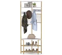 COSTWAY Porte Manteau d'Angle 5 Niveaux, Banc, 8 Crochets, 4 Patères, 2 Panneaux de Grille, Porte-Vêtements en Métal 183 cm, Meuble Entrée d'Angle pour Recoin, Salon, Chambre (Blanc)