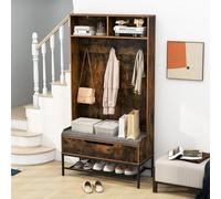 COSTWAY Porte Manteaux avec Banc à Chaussures Rembourré, Meuble d'Entrée 170 cm, 3 Patères Double, 2 Compartiments, Cadre en Métal, Kit Anti-basculement, Porte-vêtements pour Salon (Marron Rustique)