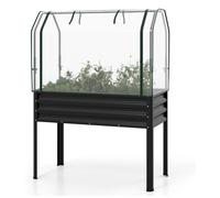 COSTWAY Potager surélevé 3 en 1 avec bâche en PE et porte coulissante, potager surélevé en métal galvanisé, serre, bac à fleurs 112 x 55 x 152 cm, noir